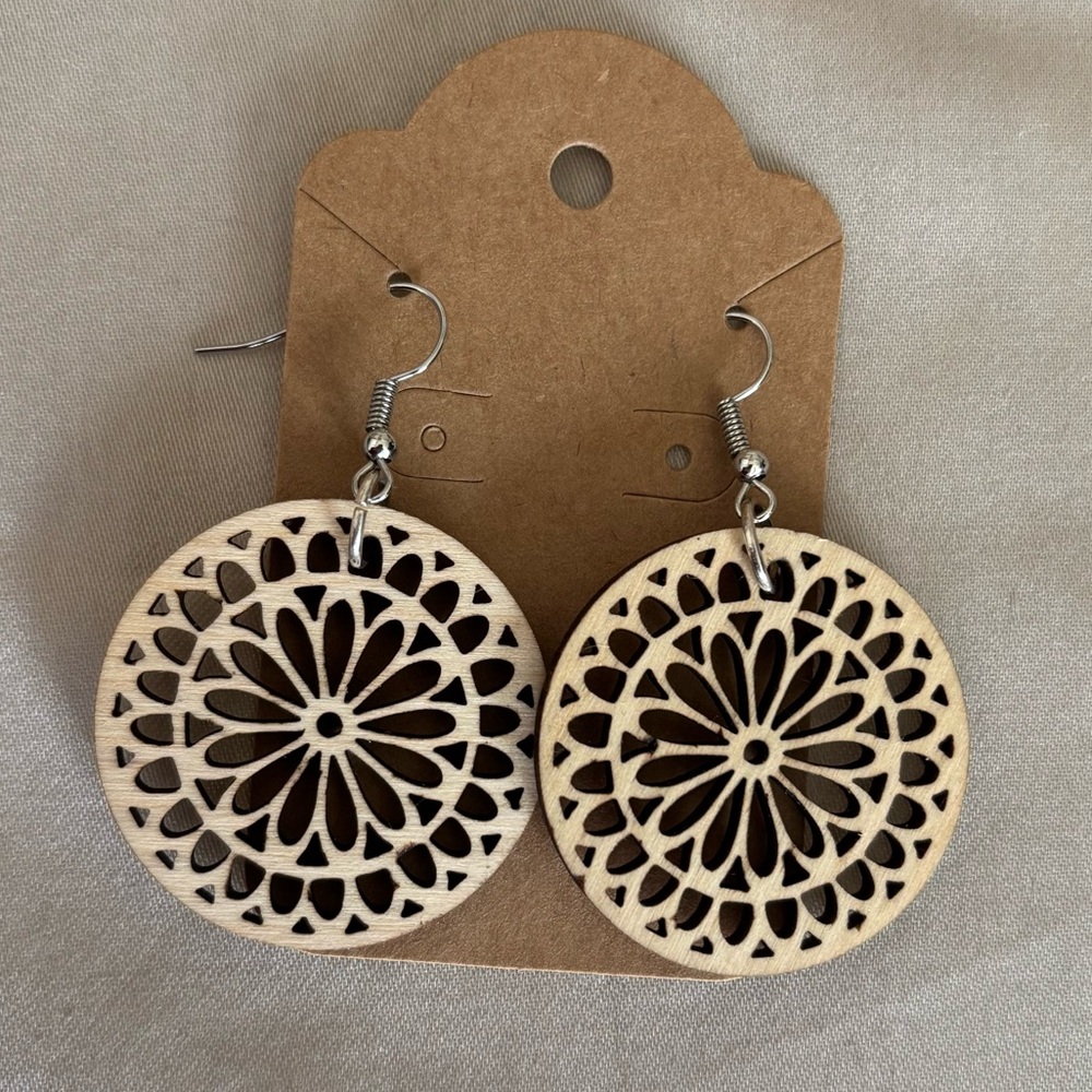 Woodcut Dangle Earrings 1.5 Inch in Diameter with Silver Hooks